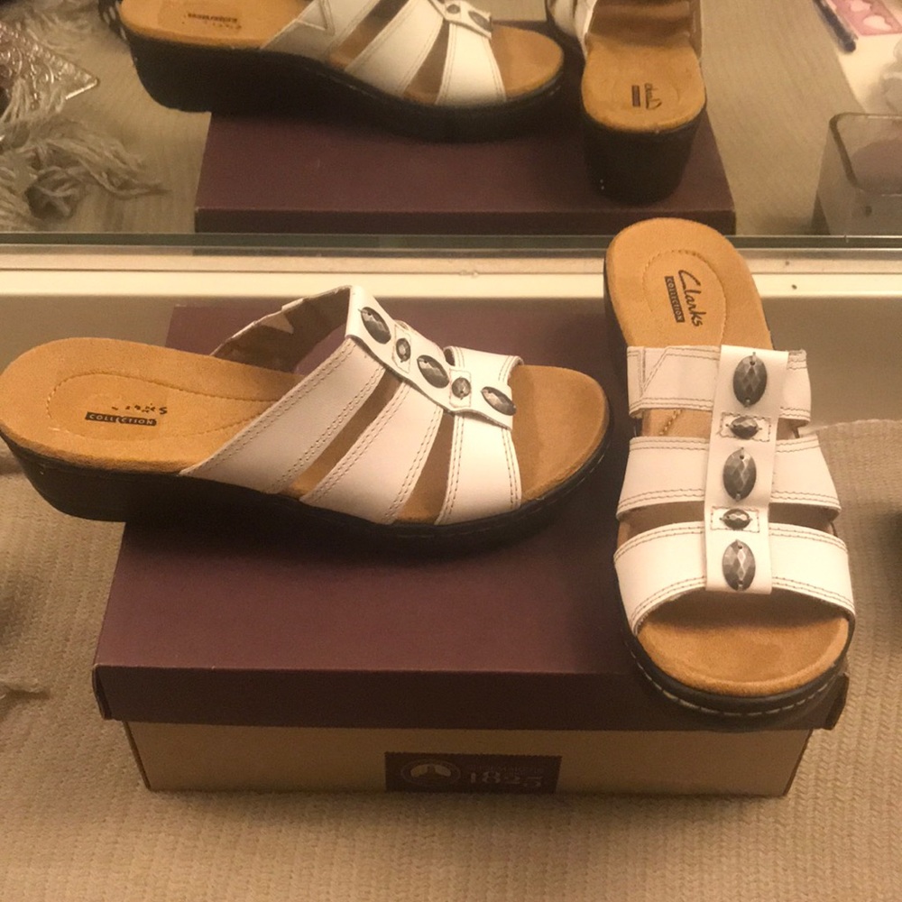 Clarks Hayla Shale White leather slide 6.5 m